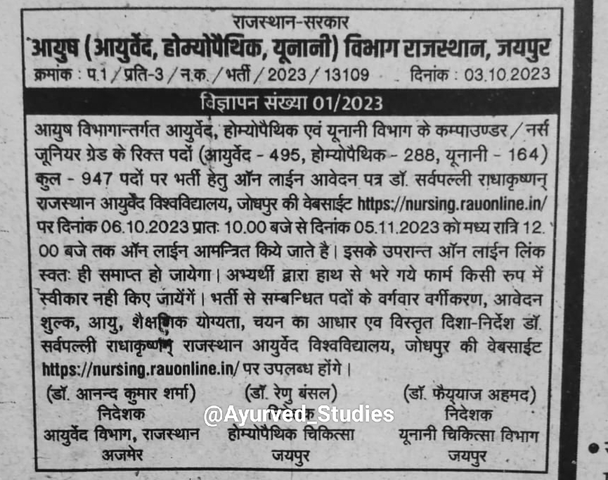 AYUSH (Ayurveda, Homeopathic and Unani) Department Rajasthan Compounder / Nurse Junior Grade Vacancy 2023